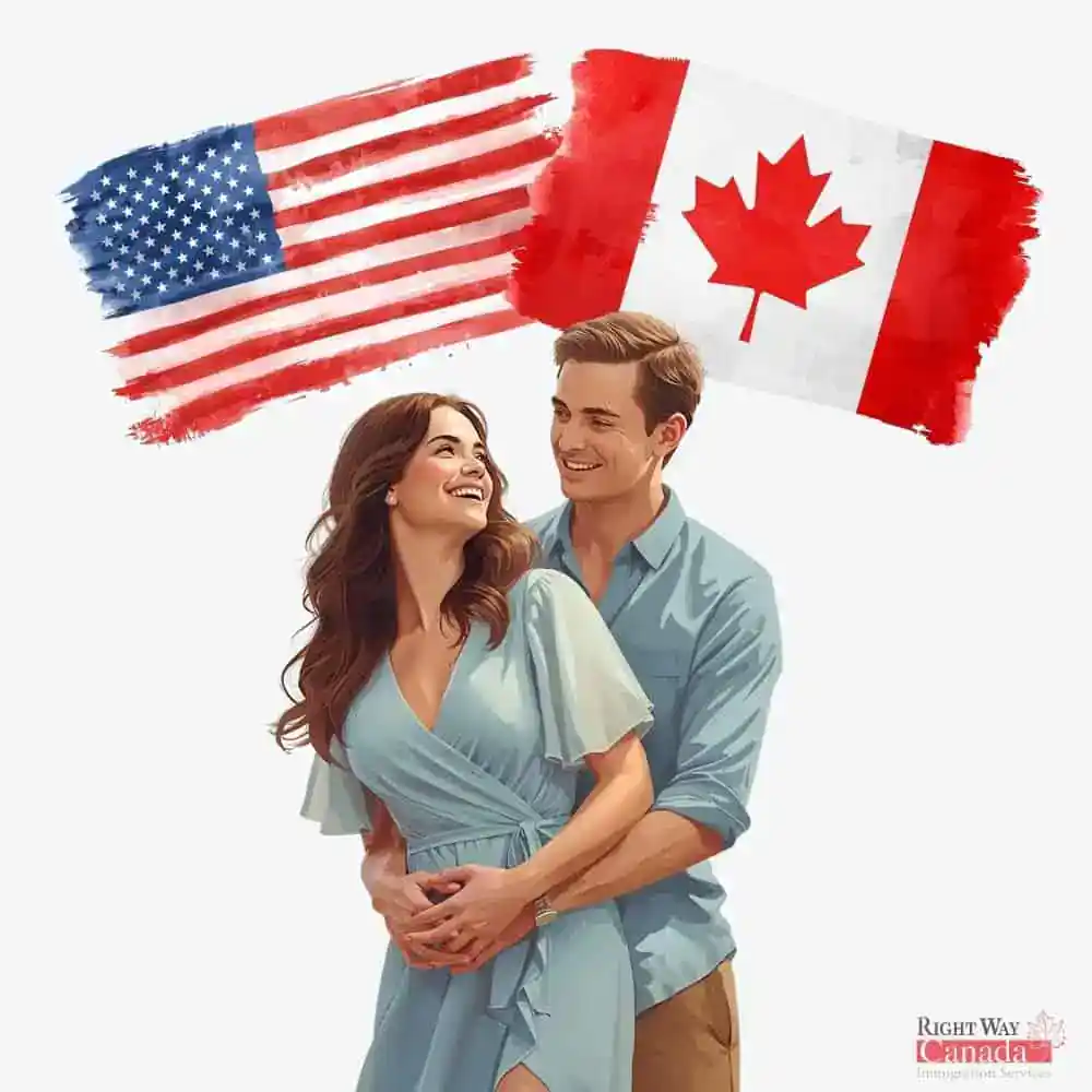 Couple with American and Canadian flags representing spousal sponsorship from the United States to Canada
