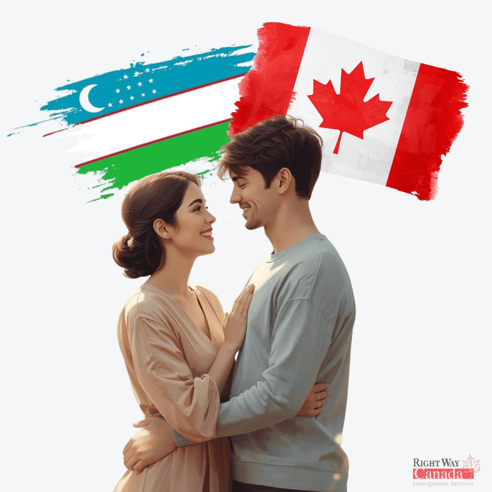 Couple with Uzbek and Canadian flags representing spousal sponsorship from Uzbekistan to Canada
