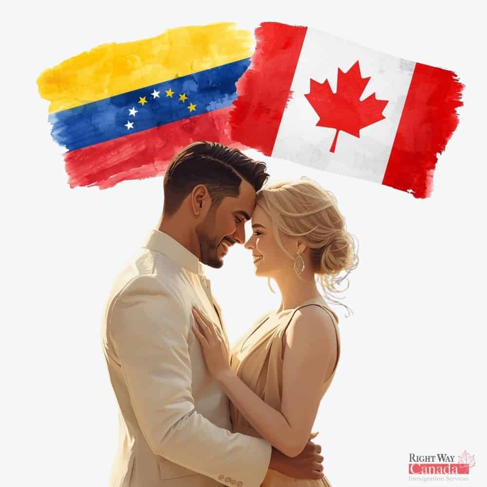 Couple with Venezuelan and Canadian flags representing spousal sponsorship from Venezuela to Canada