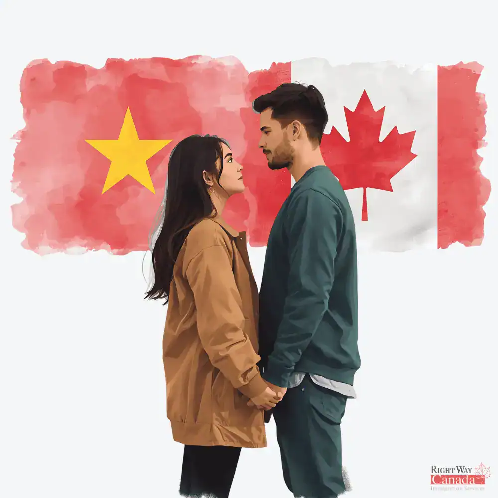 Couple with Vietnamese and Canadian flags representing spousal sponsorship from Vietnam to Canada