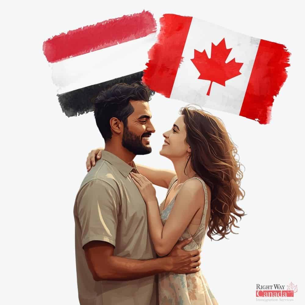Couple with Yemeni and Canadian flags representing spousal sponsorship from Yemen to Canada