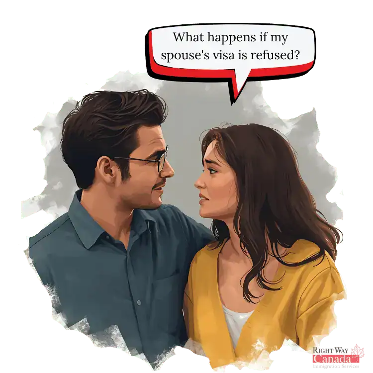 Illustration of a couple with a speech bubble asking what happens if a spouse’s visa is refused