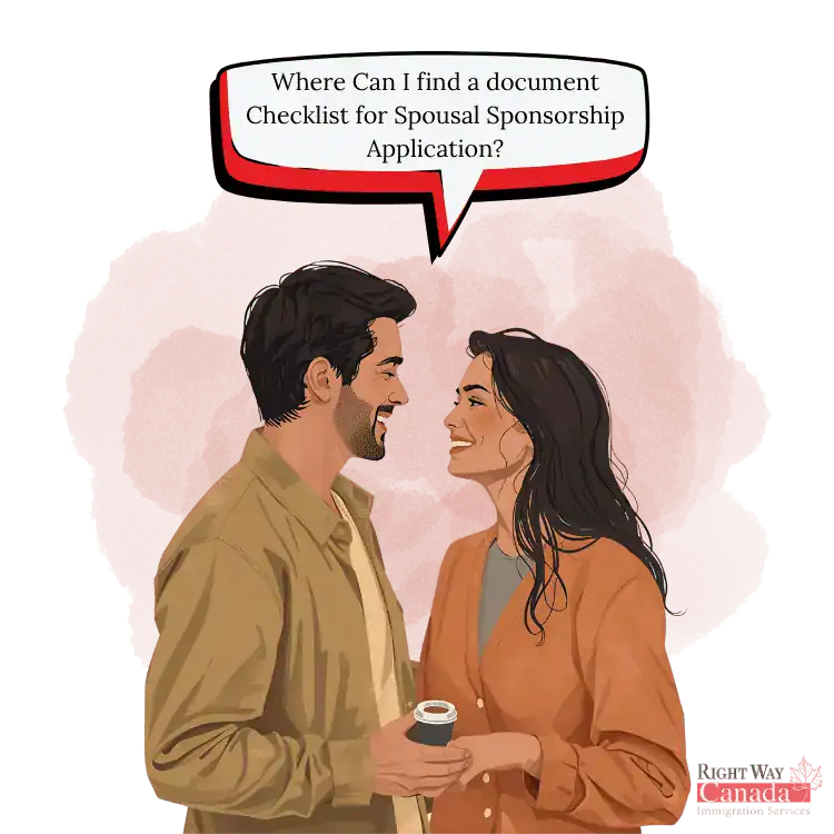 Illustration of a couple with a speech bubble asking about a spousal sponsorship document checklist