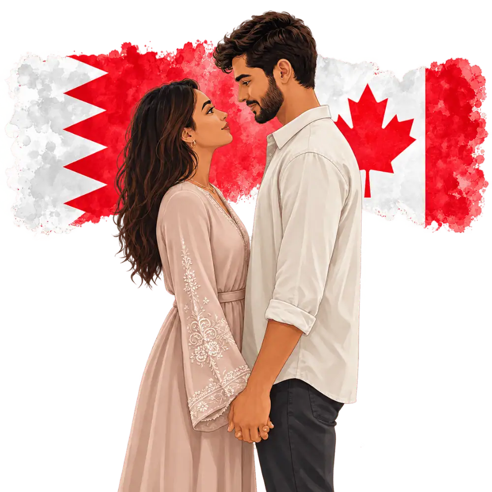 Couple with Bahraini and Canadian flags representing spousal sponsorship from Bahrain to Canada