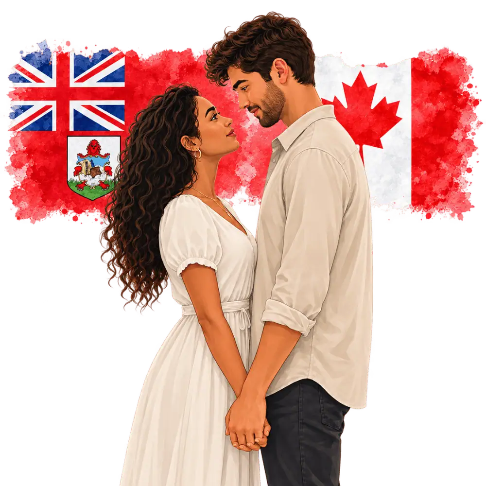 Couple with Bermudian and Canadian flags representing spousal sponsorship from Bermuda to Canada