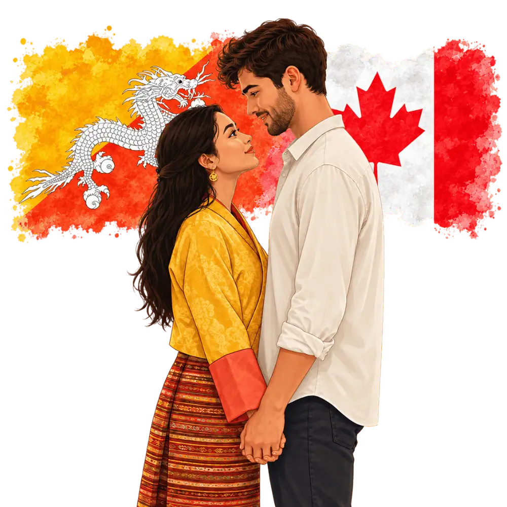 Couple with Bhutanese and Canadian flags representing spousal sponsorship from Bhutan to Canada