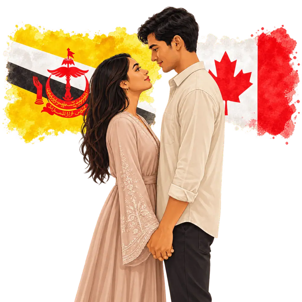 Couple with Bruneian and Canadian flags representing spousal sponsorship from Brunei to Canada