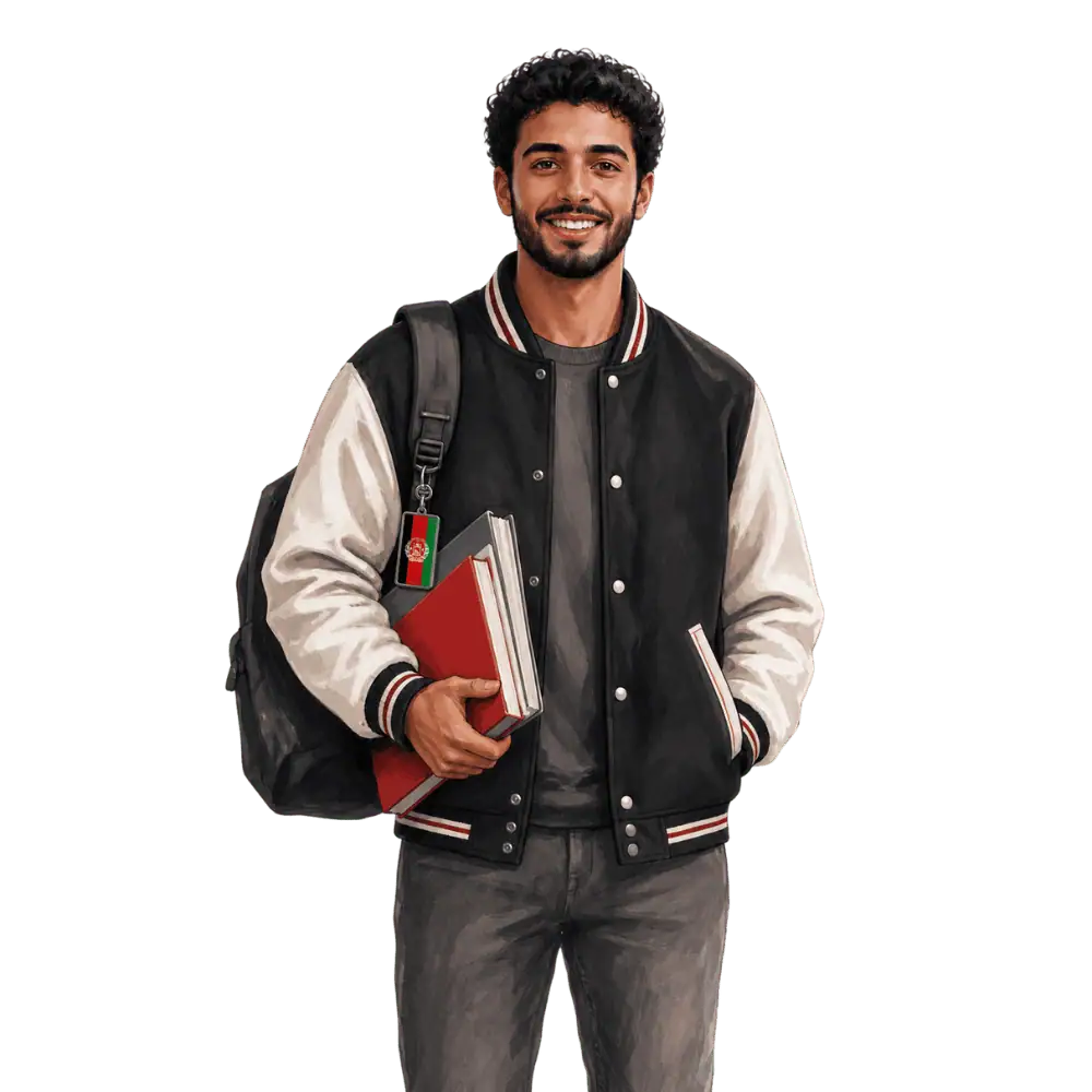 Student with books, a backpack and an Afghan flag tag representing study permits for Afghan students in Canada