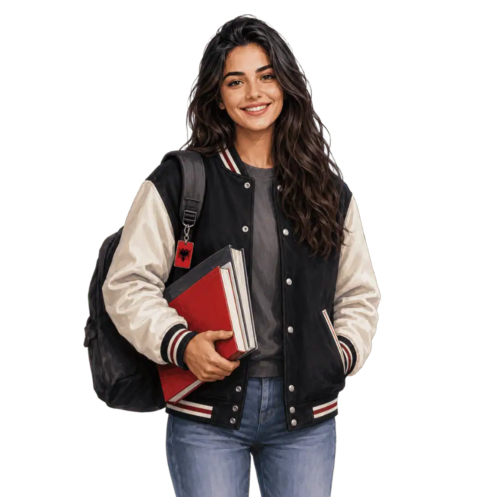 Student with books, a backpack and an Albanian flag tag representing study permits for Albanian students in Canada