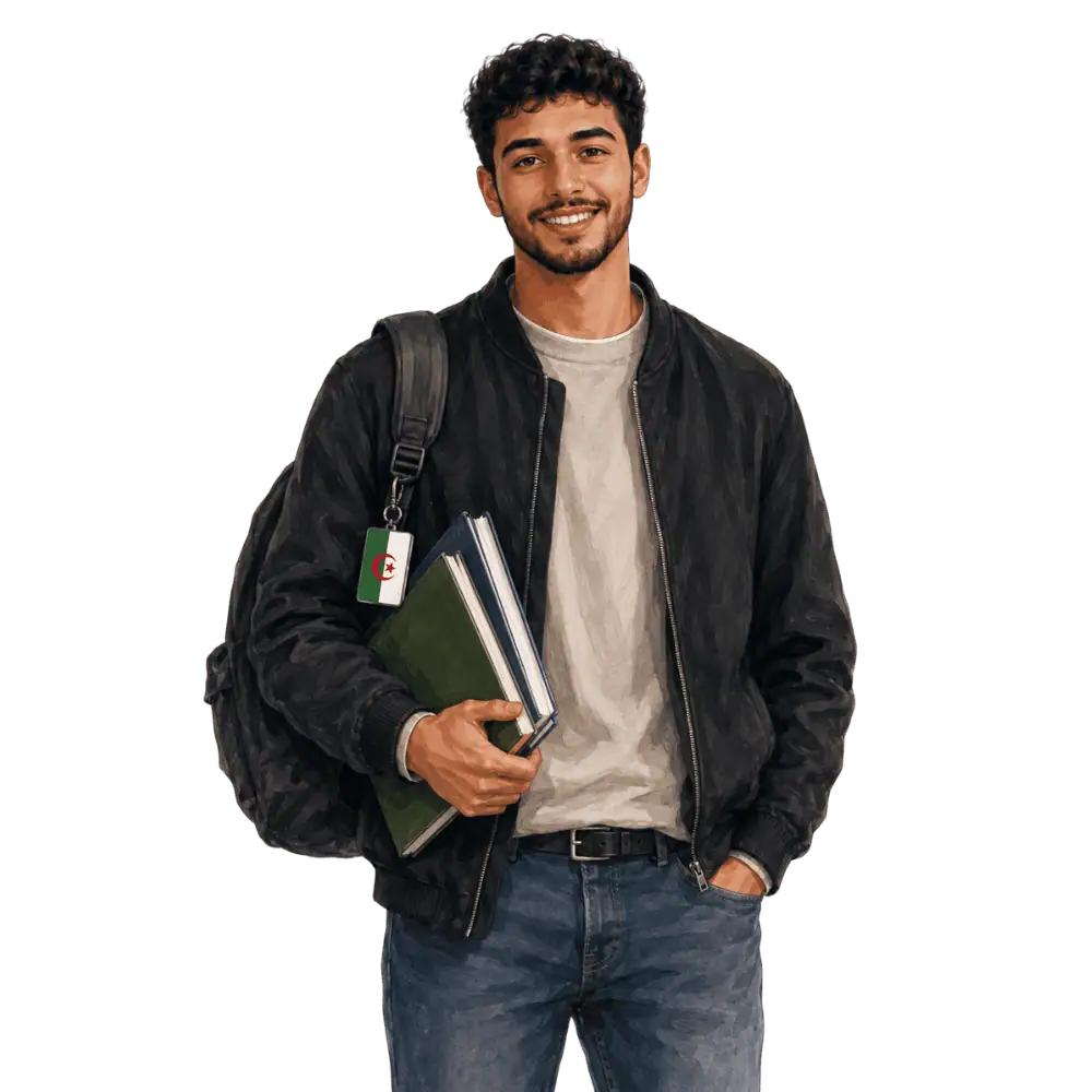 Student with books, a backpack and an Algerian flag tag representing study permits for Algerian students in Canada