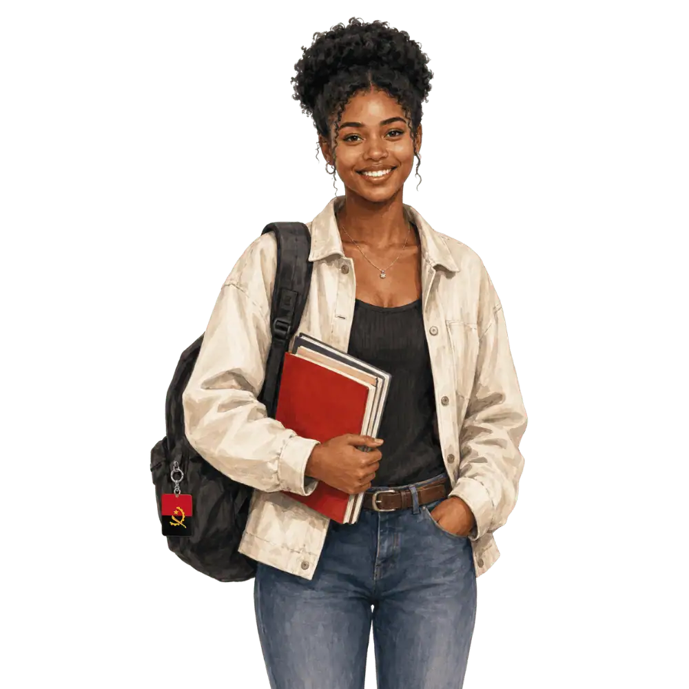 Student with books, a backpack and an Angolan flag tag representing study permits for Angolan students in Canada