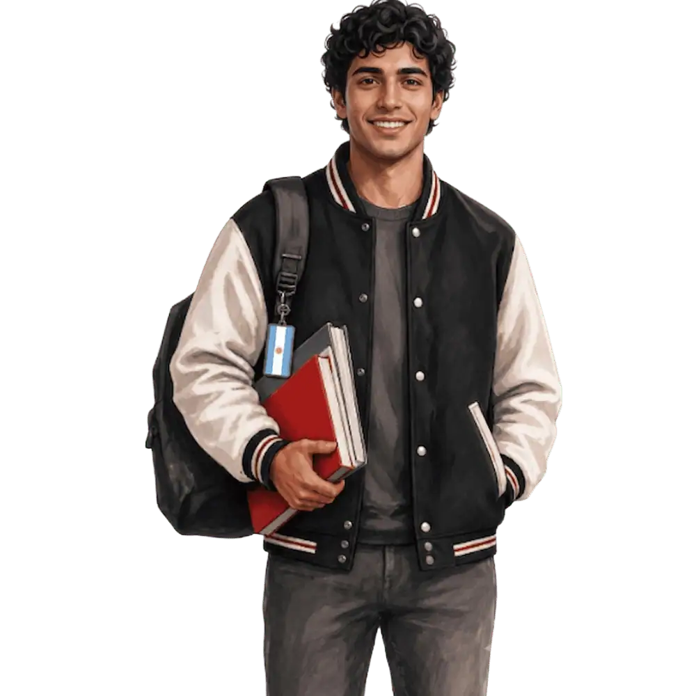 Student with books, a backpack and an Argentine flag tag representing study permits for Argentine students in Canada