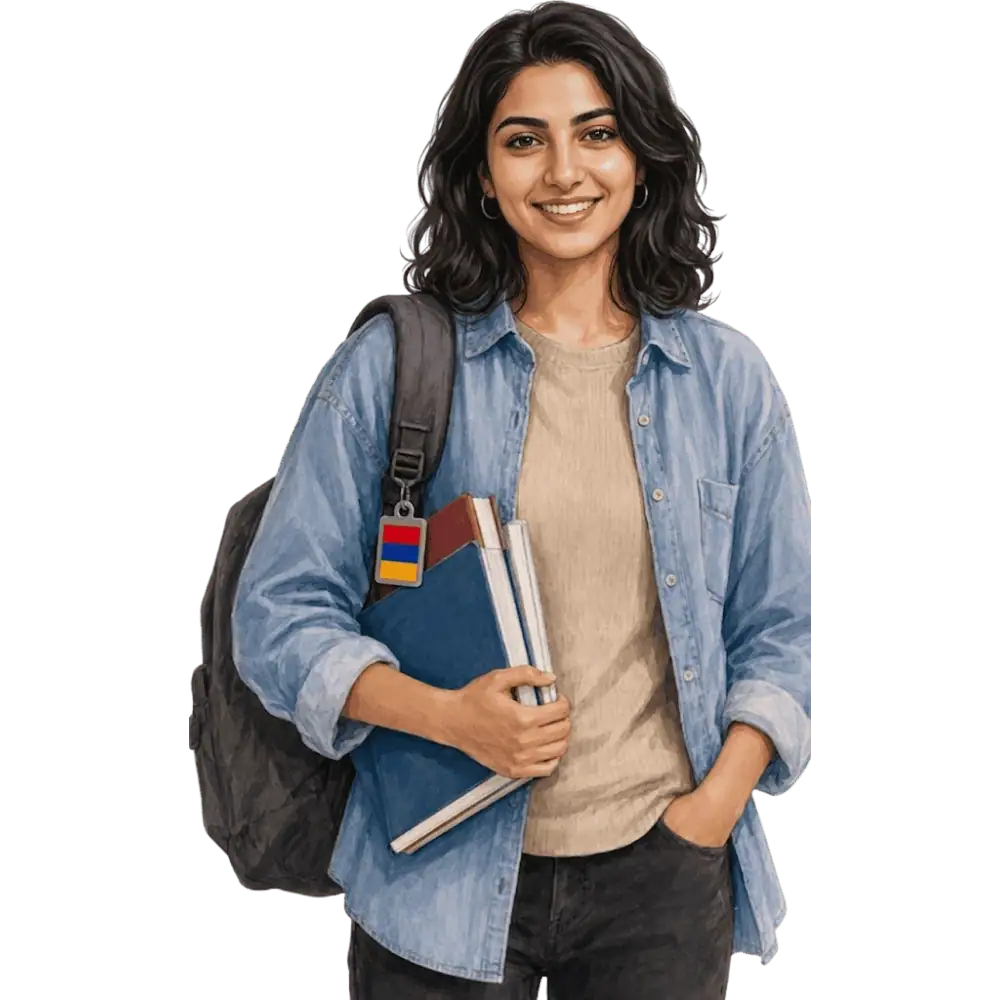 Student with books, a backpack and an Armenian flag tag representing study permits for Armenian students in Canada