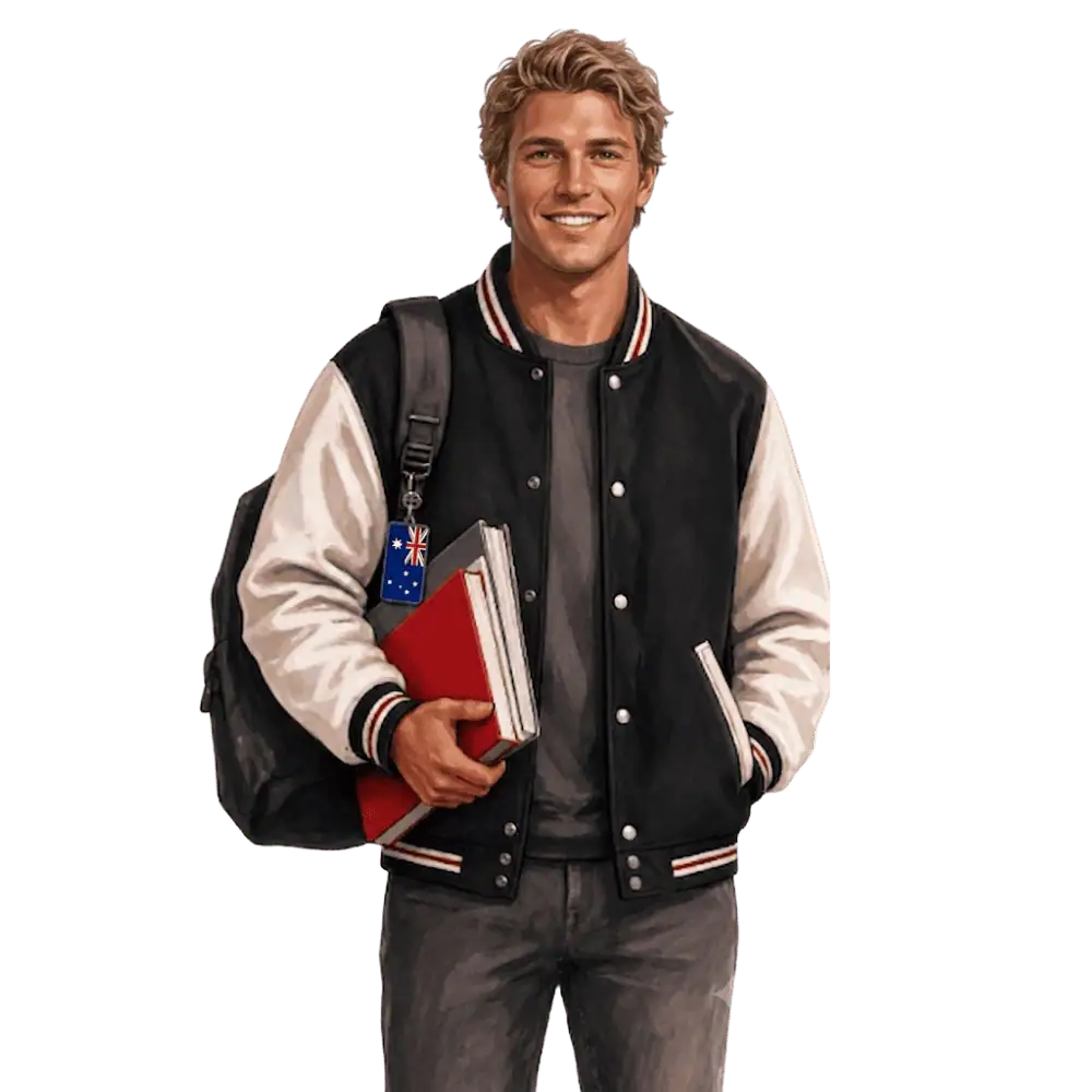 Student with books, a backpack and an Australian flag tag representing study permits for Australian students in Canada