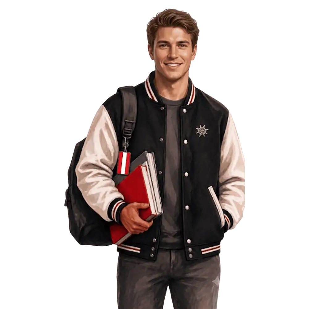 Student with books, a backpack and an Austrian flag tag representing study permits for Austrian students in Canada