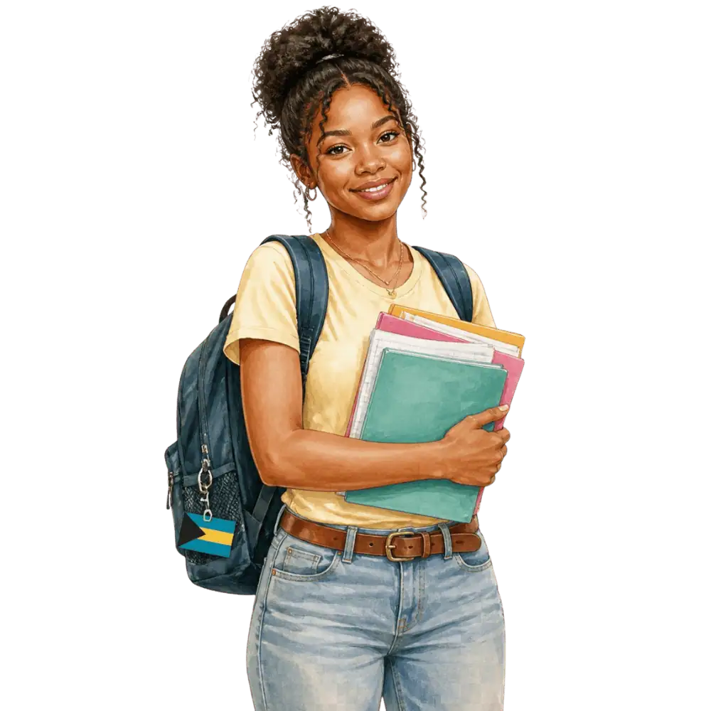 Student with books, a backpack and a Bahamian flag tag representing study permits for Bahamian students in Canada