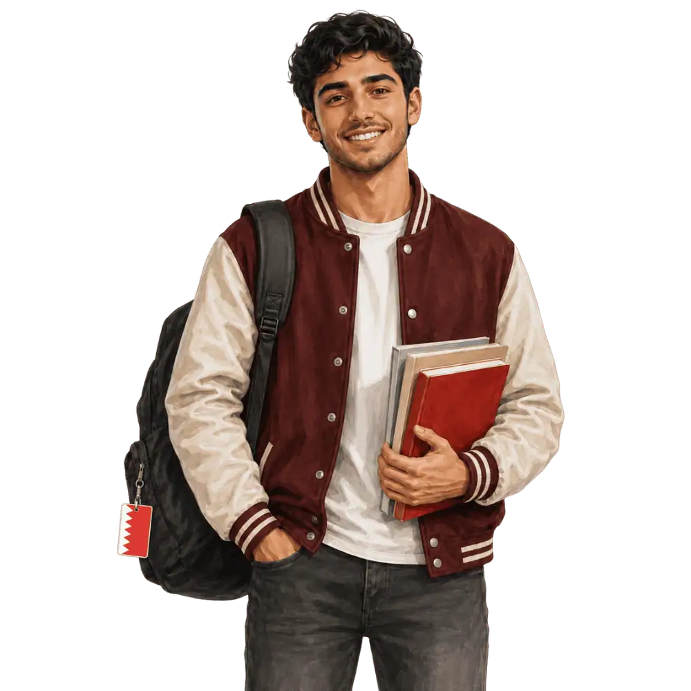 Student with books, a backpack and a Bahraini flag tag representing study permits for Bahraini students in Canada