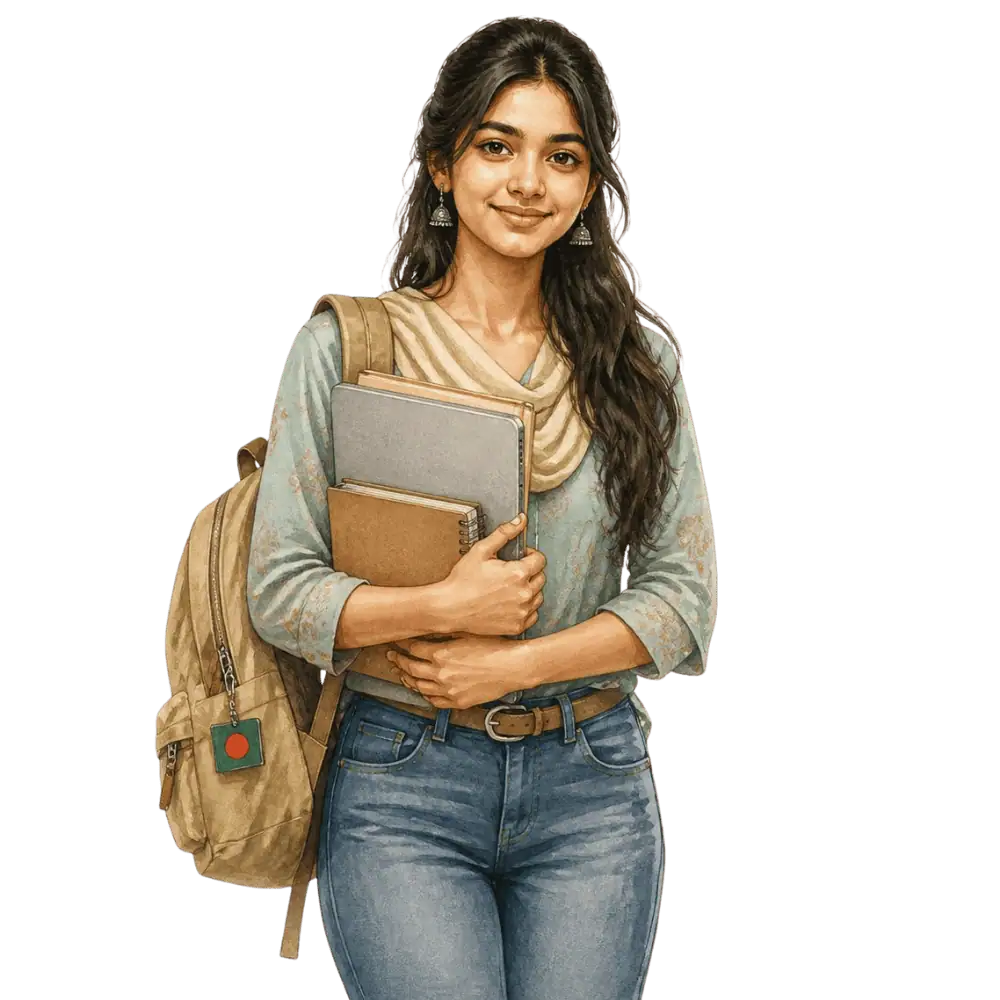 Student with books, a backpack and a Bangladeshi flag tag representing study permits for Bangladeshi students in Canada