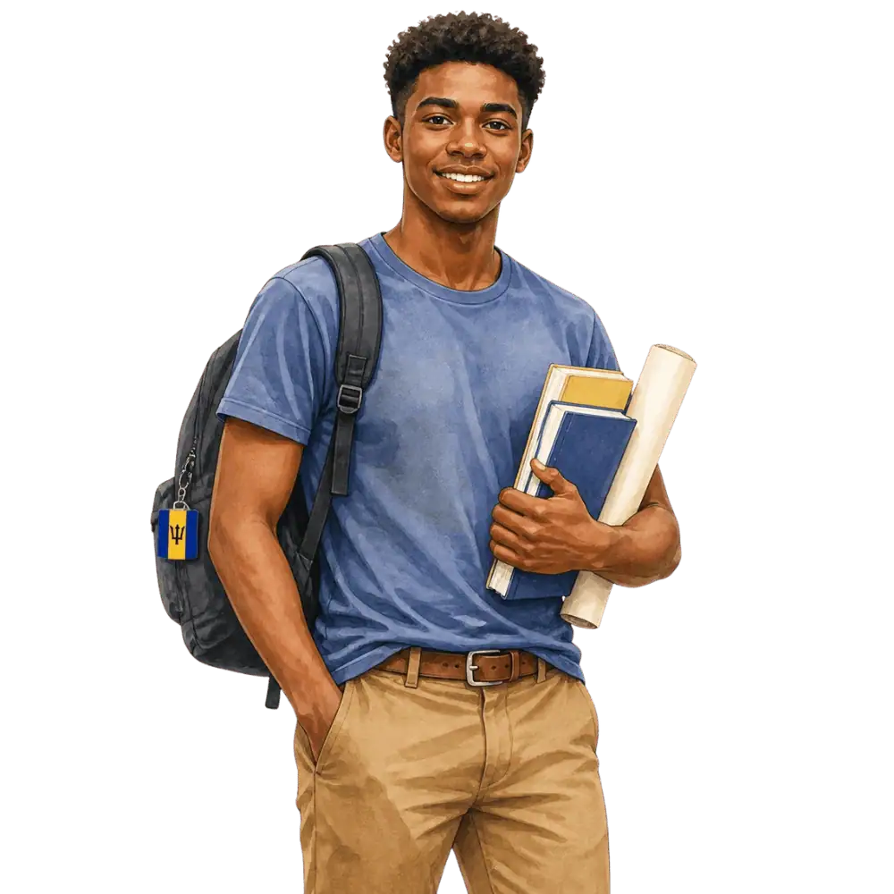 Student with books, a backpack and a Barbadian flag tag representing study permits for Barbadian students in Canada