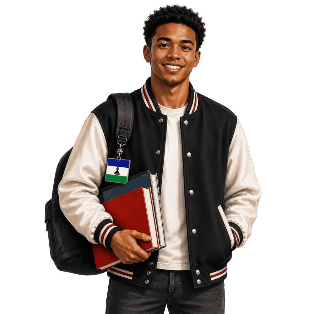 Student with books, a backpack and a Basotho flag tag representing study permits for Basotho students in Canada