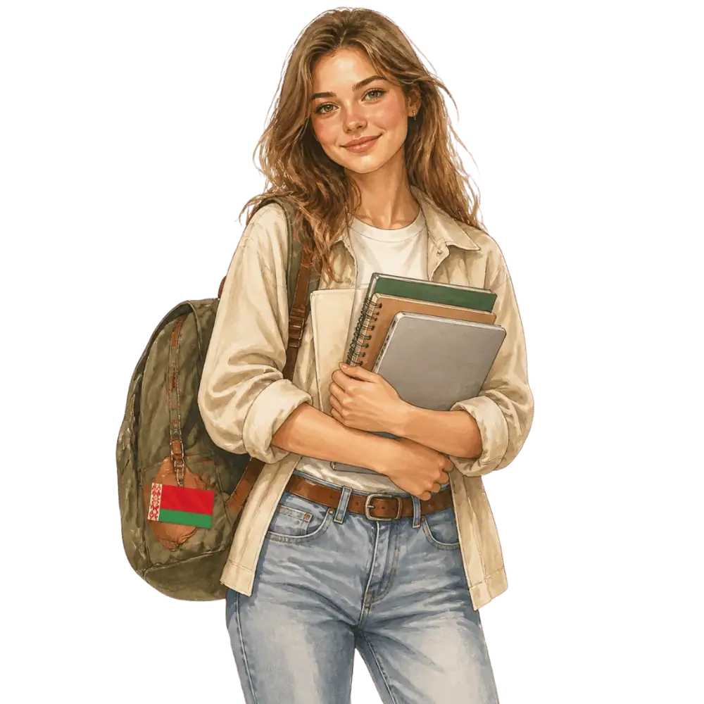 Student with books, a backpack and a Belarusian flag tag representing study permits for Belarusian students in Canada