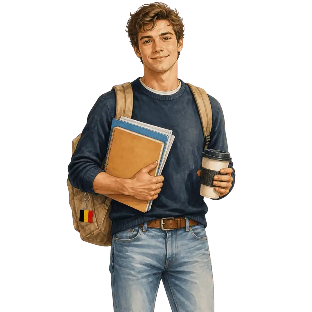 Student with books, a backpack and a Belgian flag tag representing study permits for Belgian students in Canada