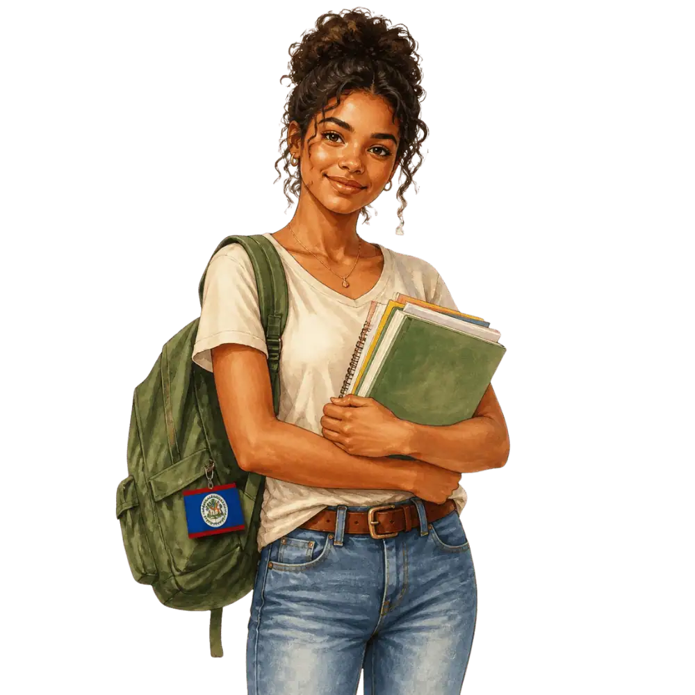 Student with books, a backpack and a Belizean flag tag representing study permits for Belizean students in Canada