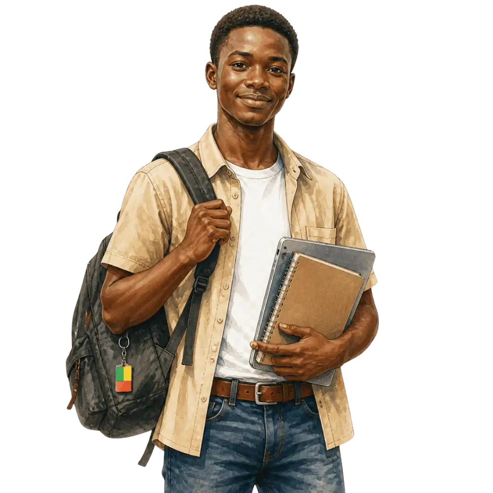 Student with books, a backpack and a Beninese flag tag representing study permits for Beninese students in Canada