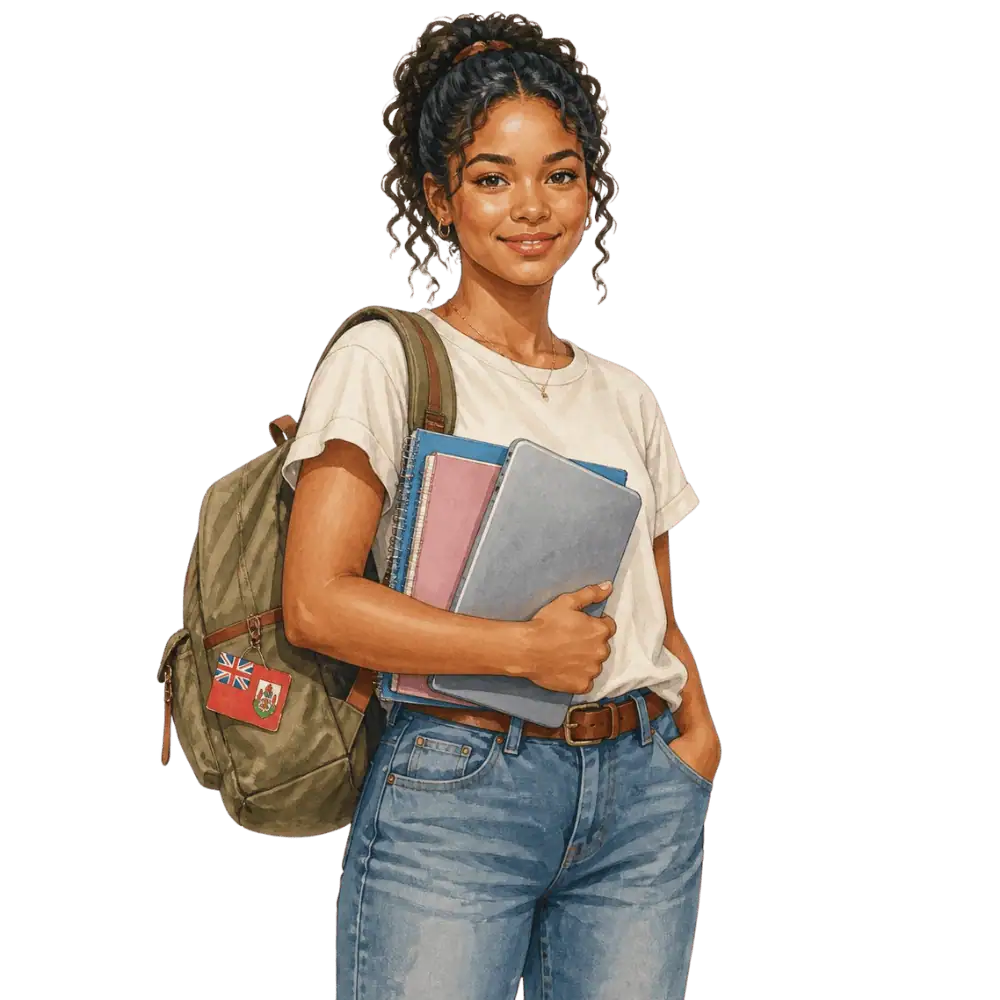 Student with books, a backpack and a Bermudian flag tag representing study permits for Bermudian students in Canada