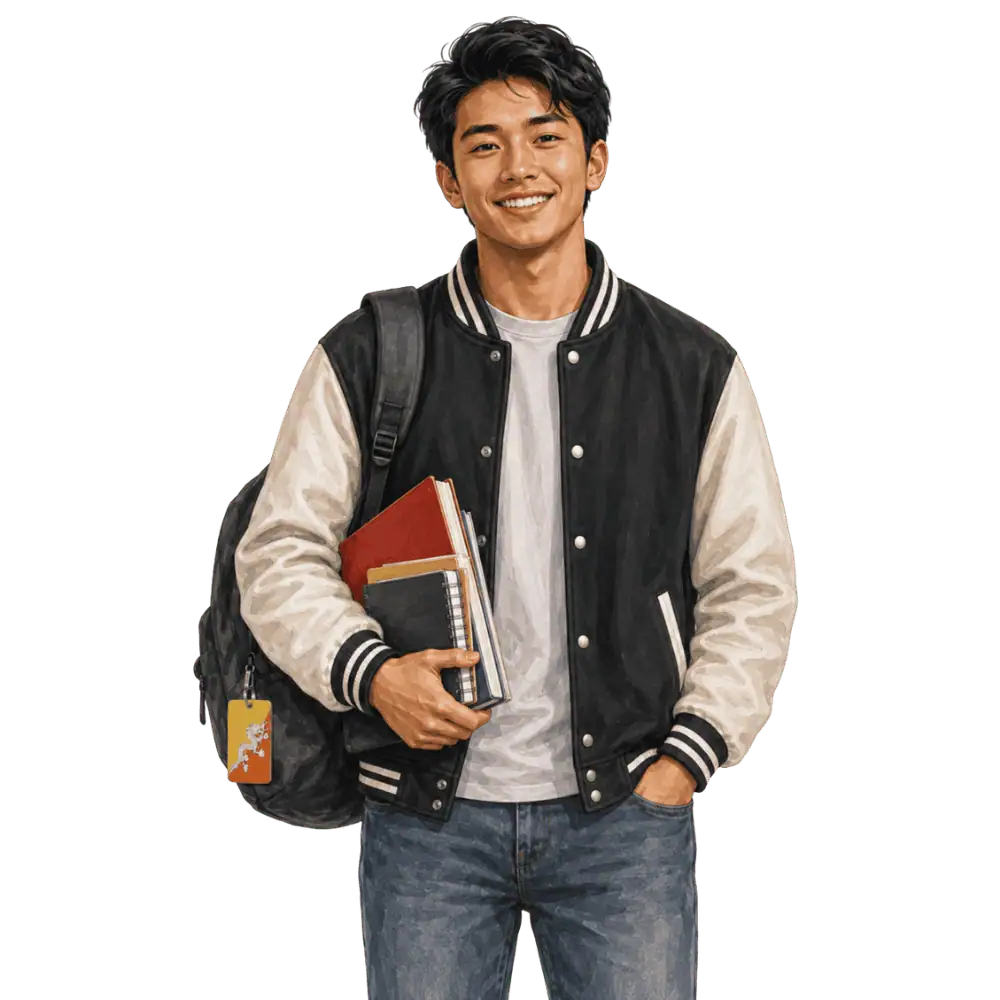 Student with books, a backpack and a Bhutanese flag tag representing study permits for Bhutanese students in Canada
