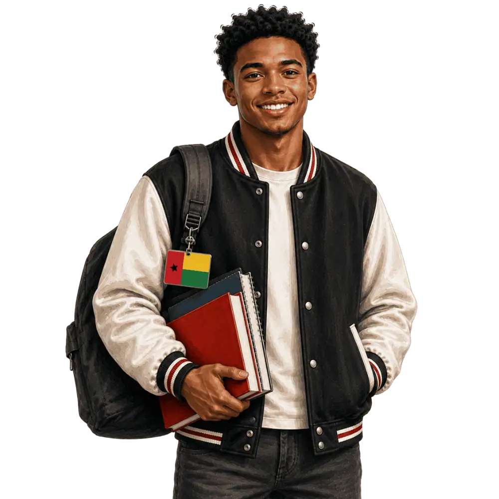 Student with books, a backpack and a Bissau-Guinean flag tag representing study permits for Bissau-Guinean students in Canada