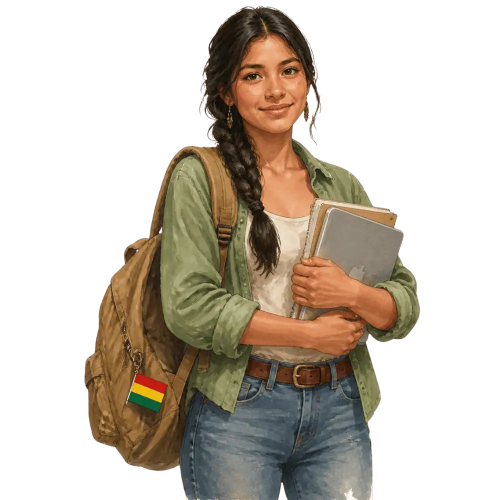 Student with books, a backpack and a Bolivian flag tag representing study permits for Bolivian students in Canada