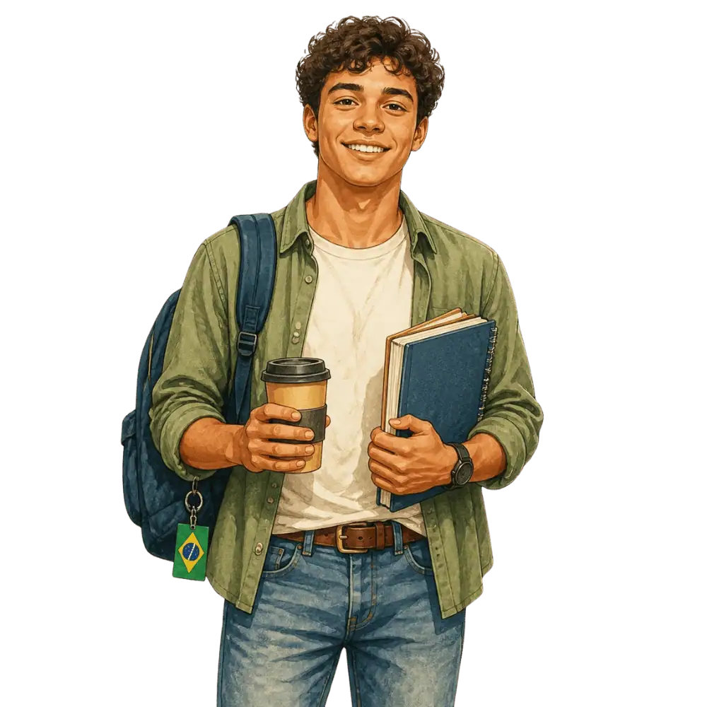 Student with books, a backpack and a Brazilian flag tag representing study permits for Brazilian students in Canada