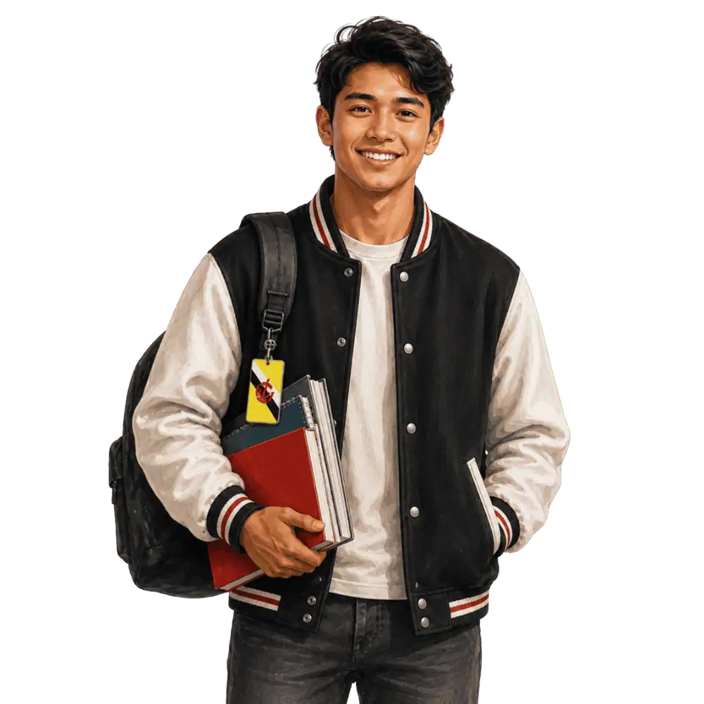 Student with books, a backpack and a Bruneian flag tag representing study permits for Bruneian students in Canada