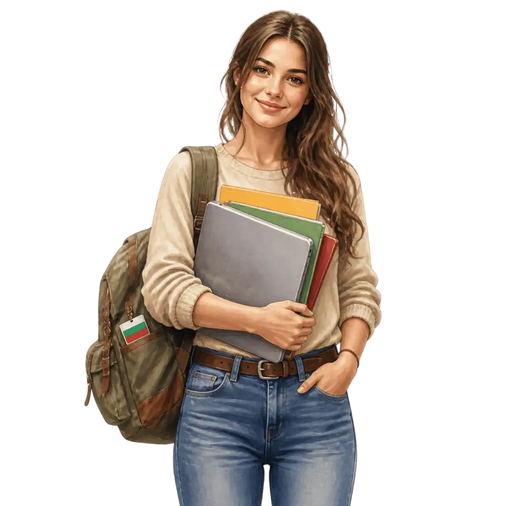 Student with books, a backpack and a Bulgarian flag tag representing study permits for Bulgarian students in Canada