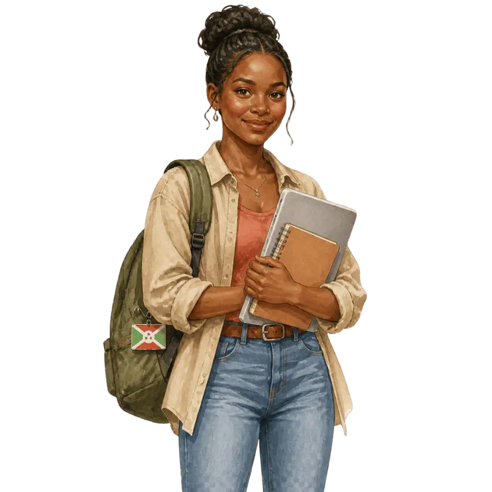 Student with books, a backpack and a Burundian flag tag representing study permits for Burundian students in Canada