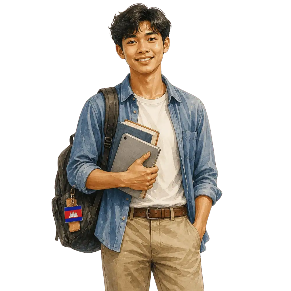 Student with books, a backpack and a Cambodian flag tag representing study permits for Cambodian students in Canada