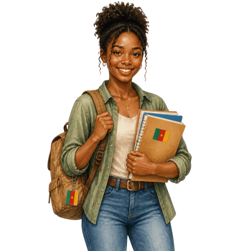 Student with books, a backpack and a Cameroonian flag tag representing study permits for Cameroonian students in Canada