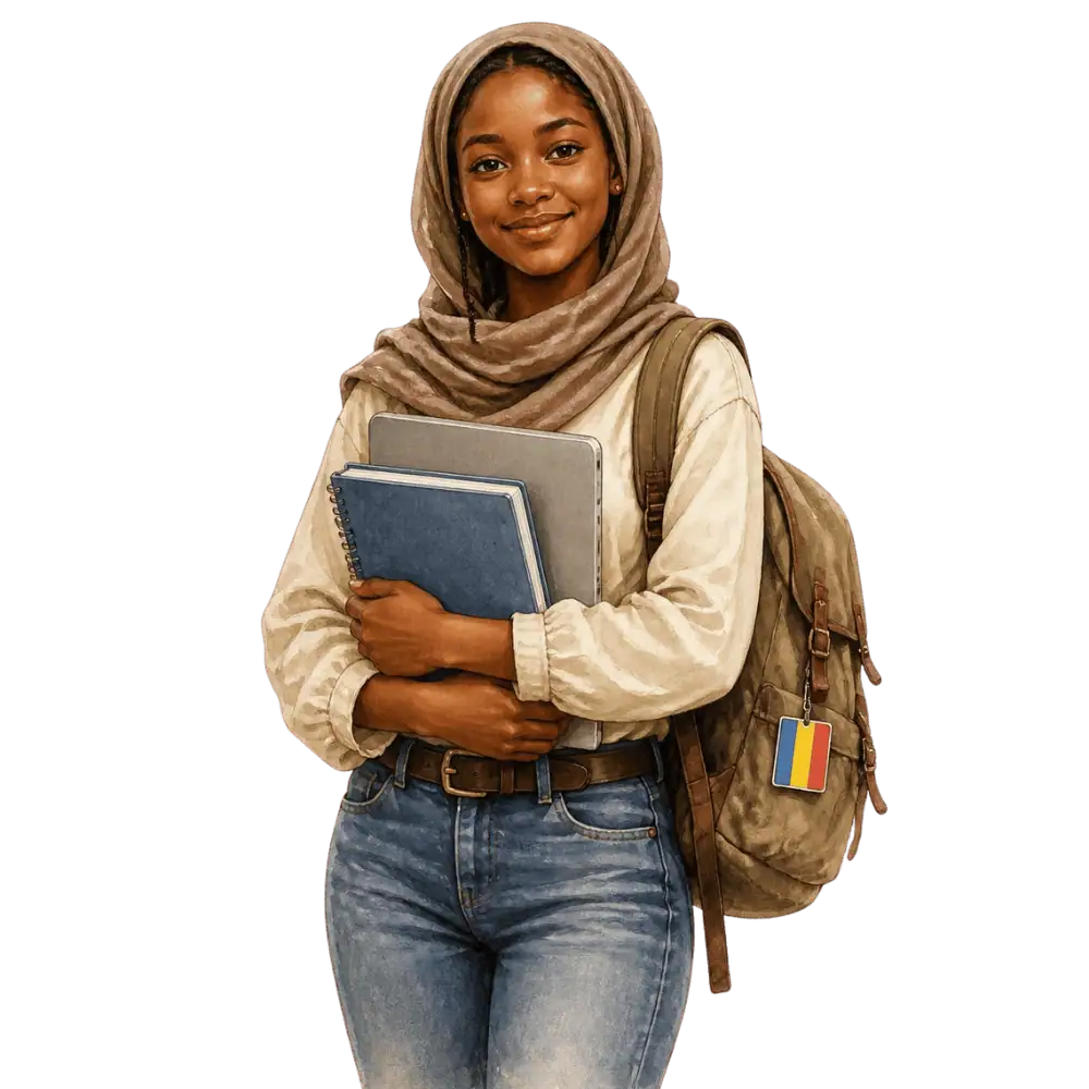 Student with books, a backpack and a Chadian flag tag representing study permits for Chadian students in Canada