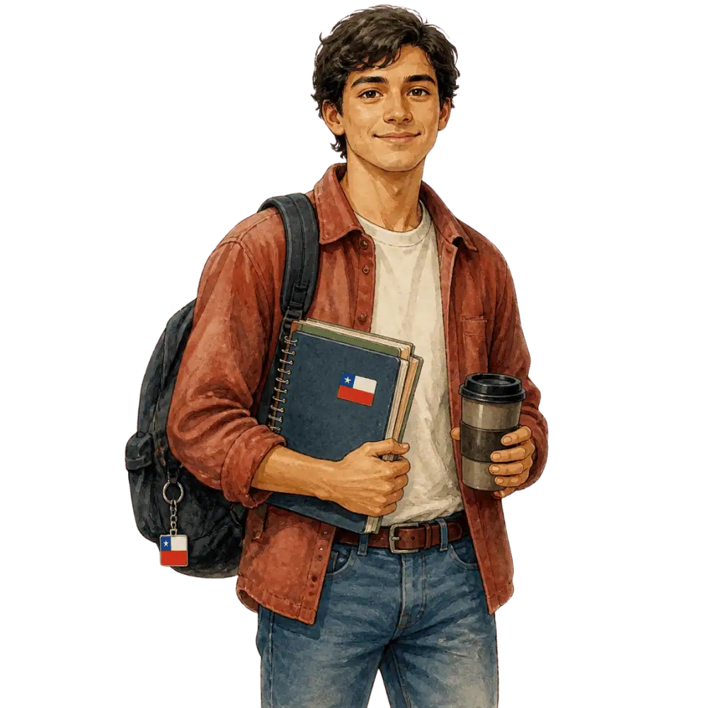 Student with books, a backpack and a Chilean flag tag representing study permits for Chilean students in Canada