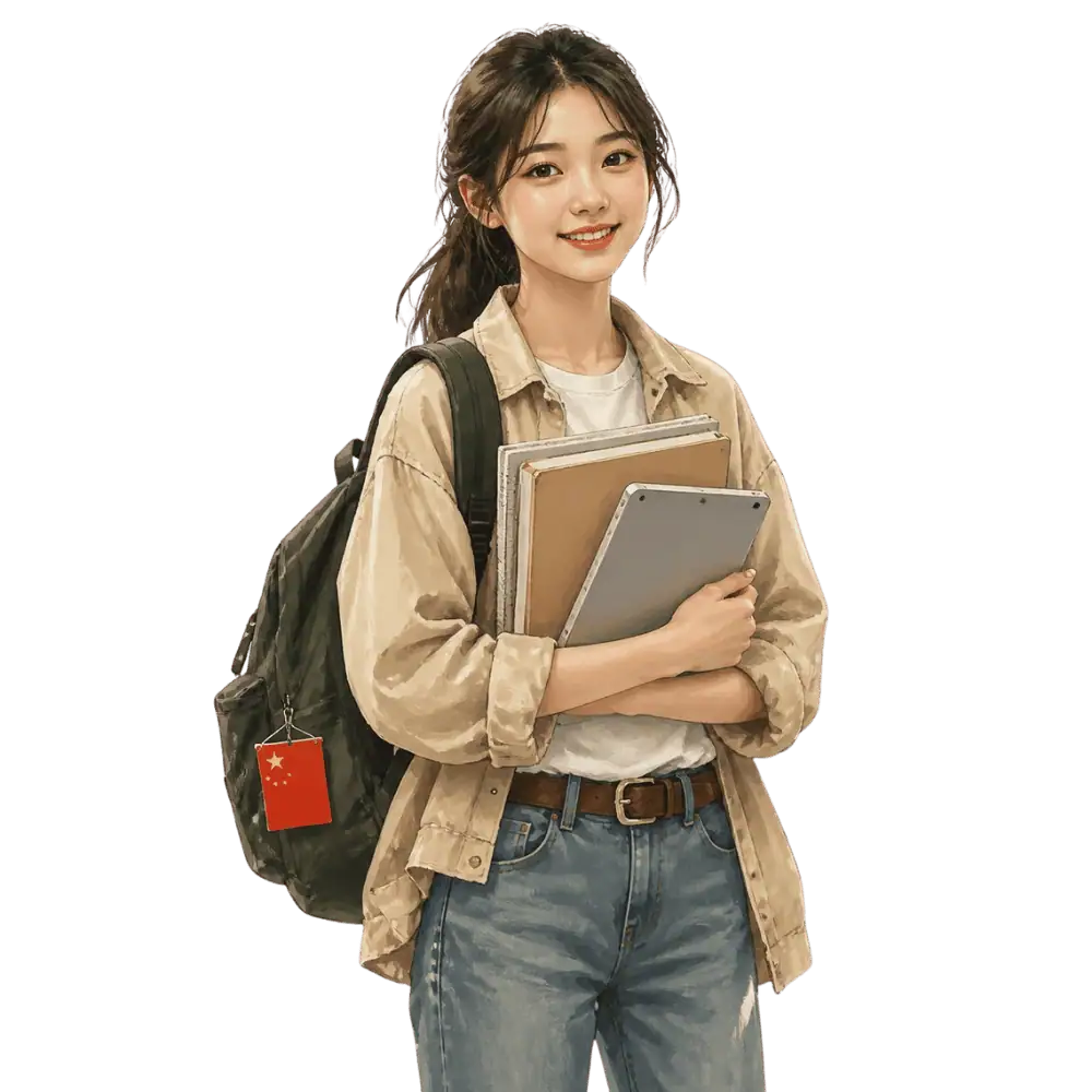 Student with books, a backpack and a Chinese flag tag representing study permits for Chinese students in Canada