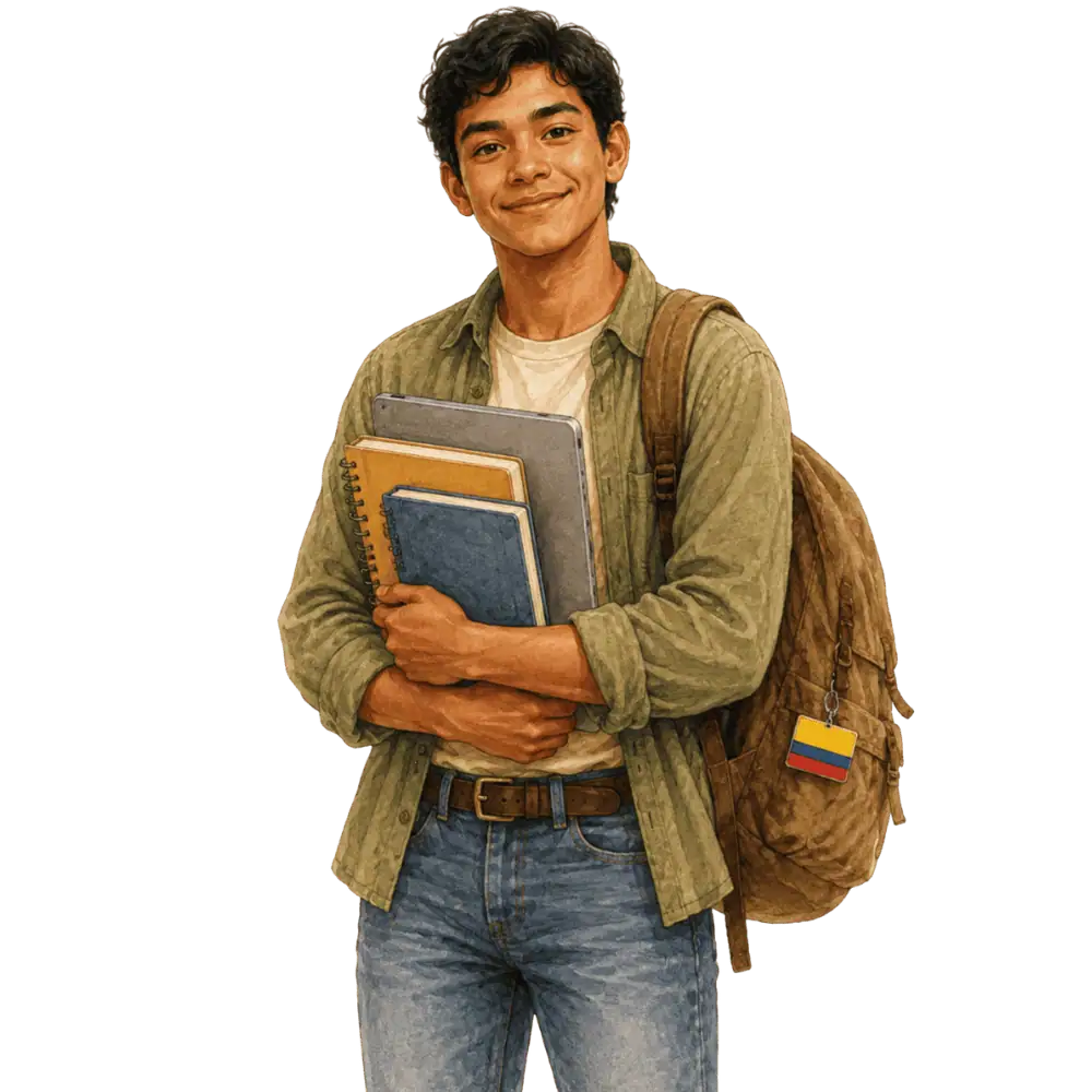Student with books, a backpack and a Colombian flag tag representing study permits for Colombian students in Canada