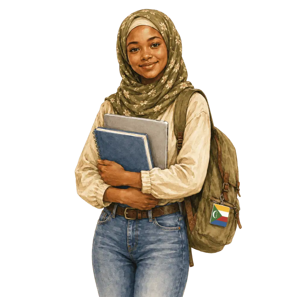 Student with books, a backpack and a Comorian flag tag representing study permits for Comorian students in Canada