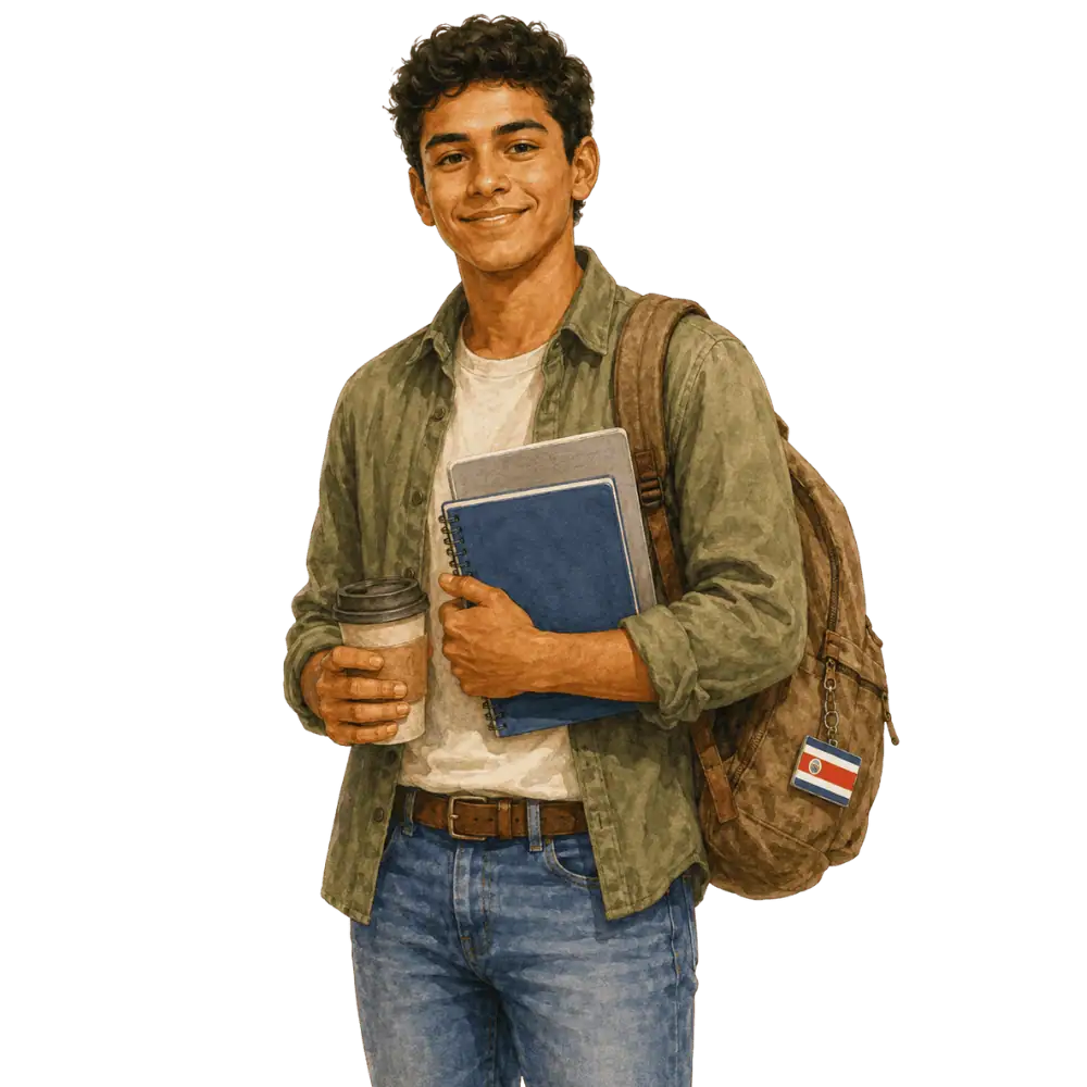 Student with books, a backpack and a Costa Rican flag tag representing study permits for Costa Rican students in Canada
