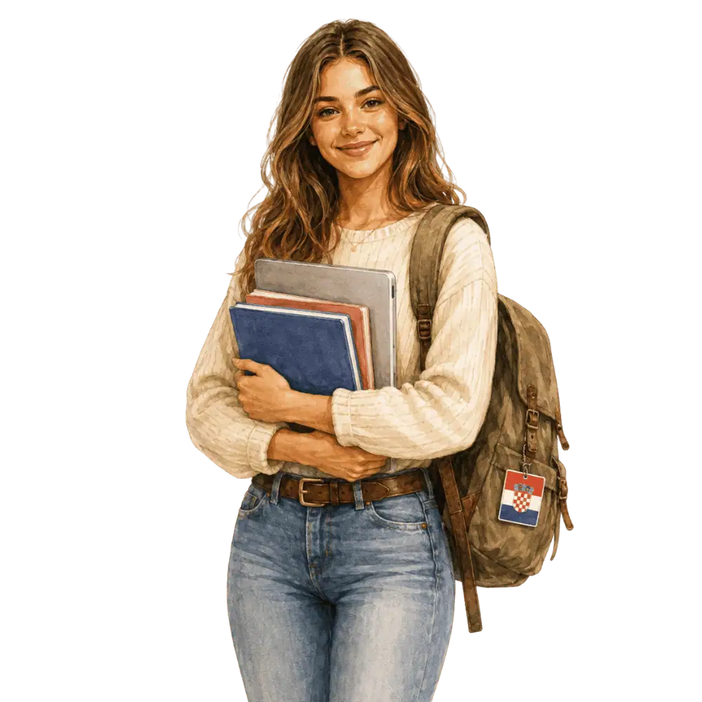 Student with books, a backpack and a Croatian flag tag representing study permits for Croatian students in Canada