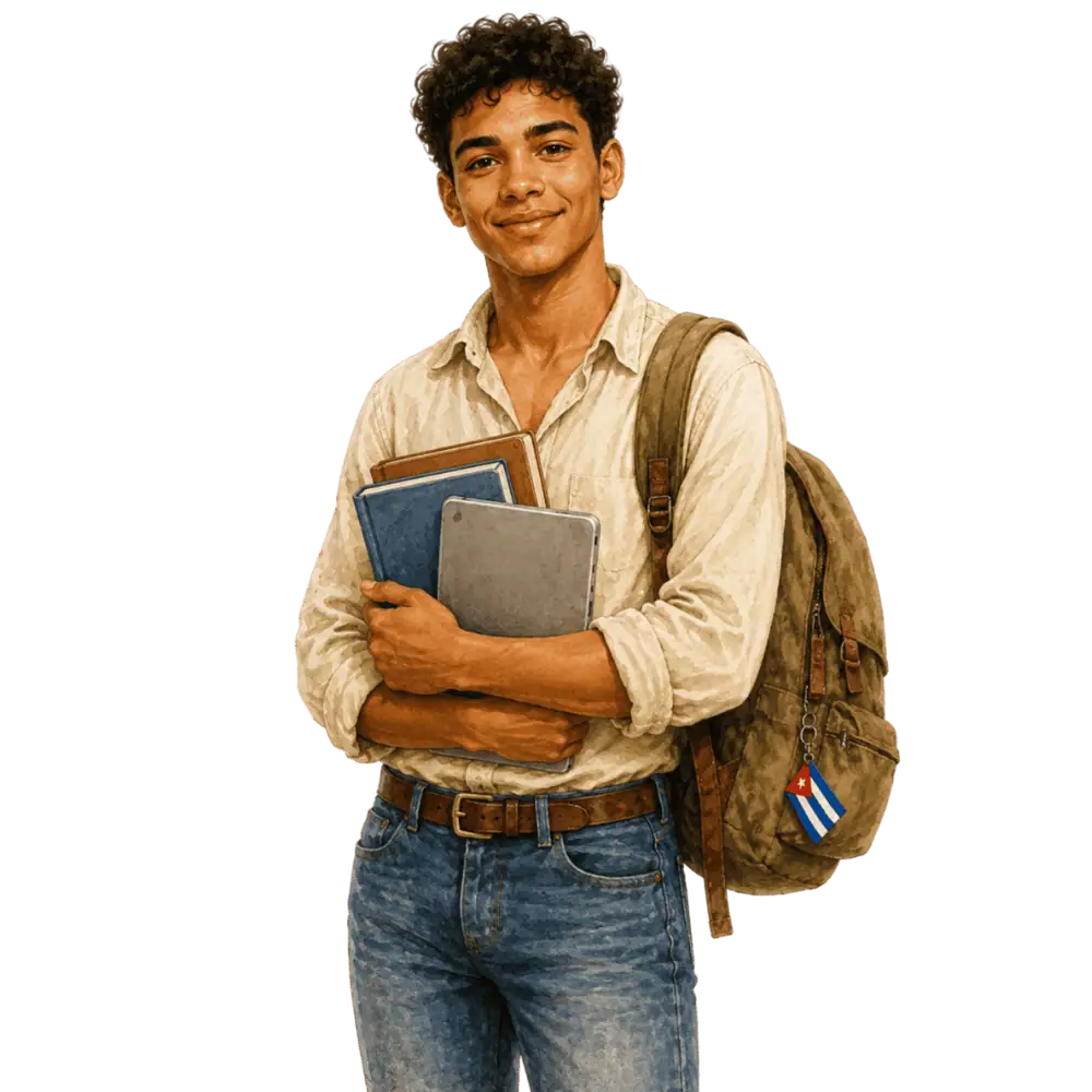 Student with books, a backpack and a Cuban flag tag representing study permits for Cuban students in Canada