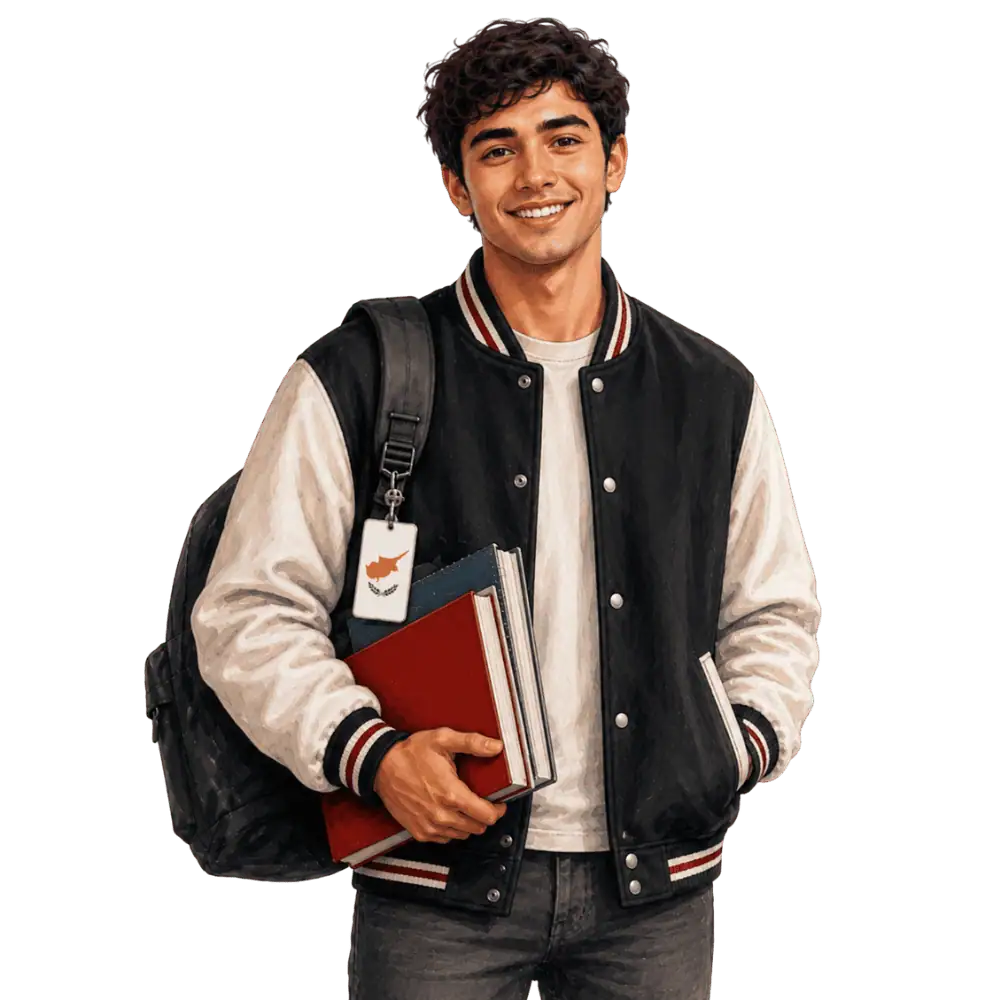 Student with books, a backpack and a Cypriot flag tag representing study permits for Cypriot students in Canada