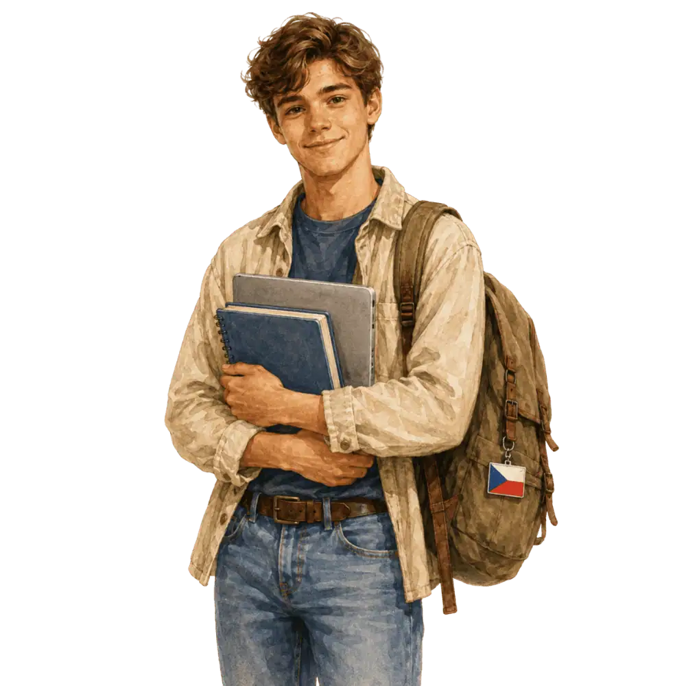 Student with books, a backpack and a Czech flag tag representing study permits for Czech students in Canada