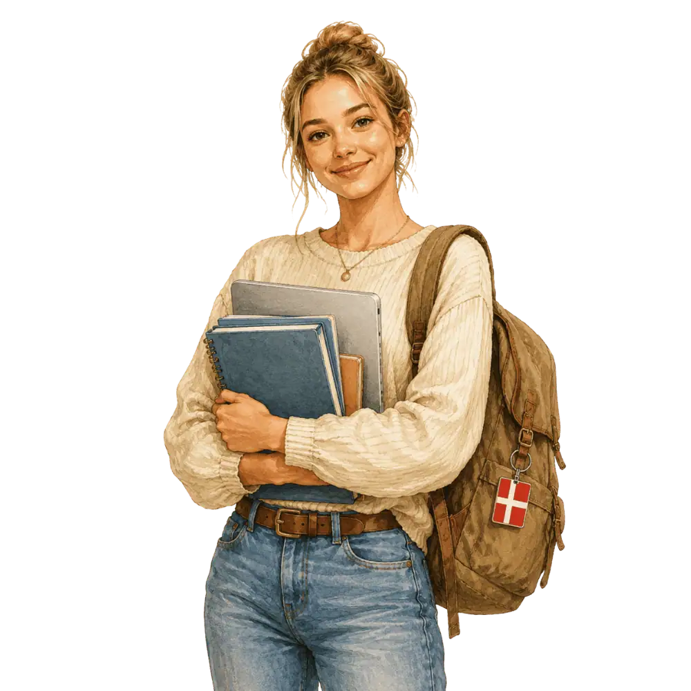Student with books, a backpack and a Danish flag tag representing study permits for Danish students in Canada