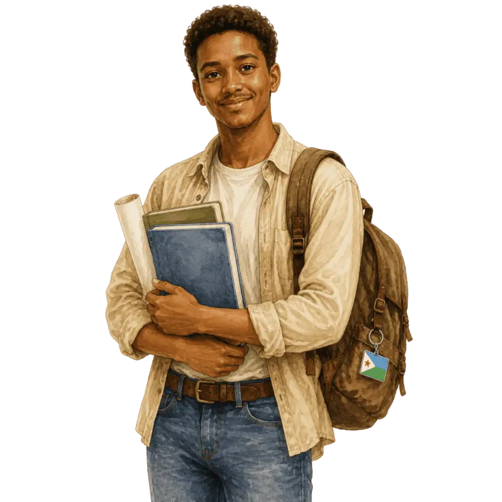 Student with books, a backpack and a Djiboutian flag tag representing study permits for Djiboutian students in Canada
